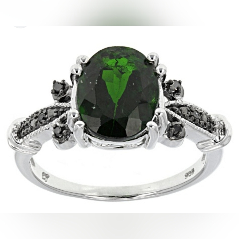 Genuine Chrome Diopside & Black Diamond Ring Sterling Silver Size 8!